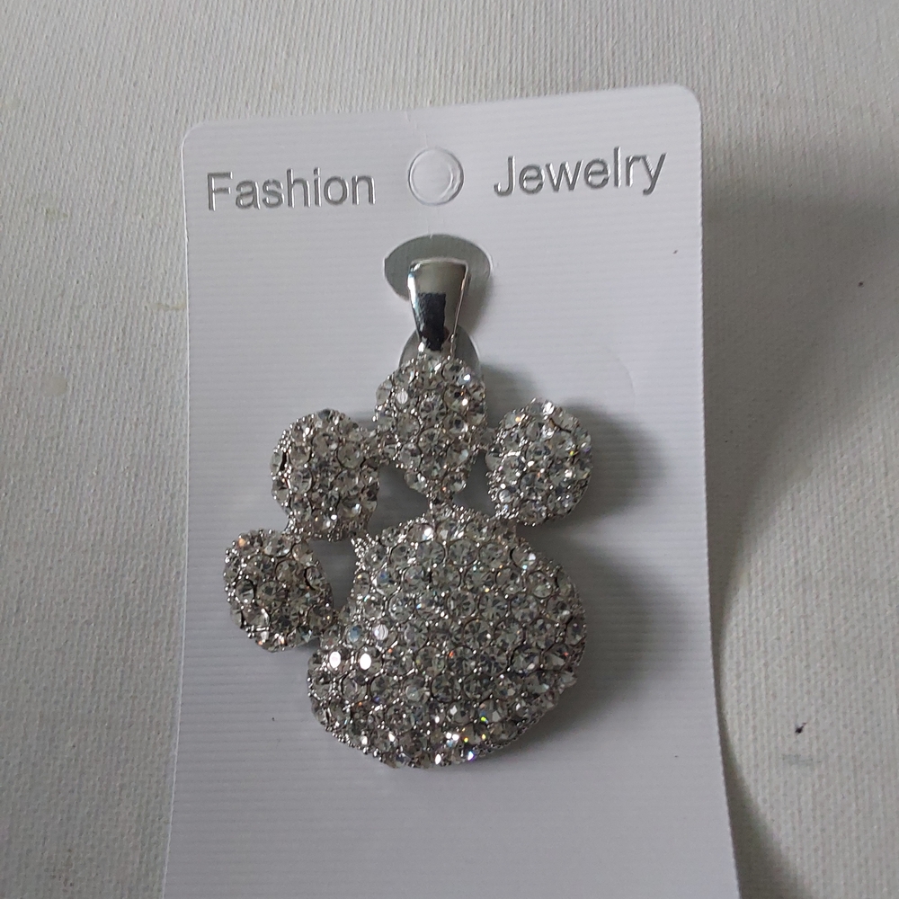 Silvertone Rhinestone 3" Chunky Dog Paw Pendant Only
